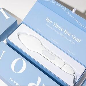 NORI Handheld Fabric Steamer in White - Light Blue Shirt